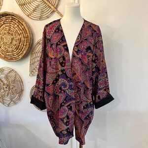 Vintage Paisley Kimono Jacket Oversized Boho Chic Layering Open Front OS